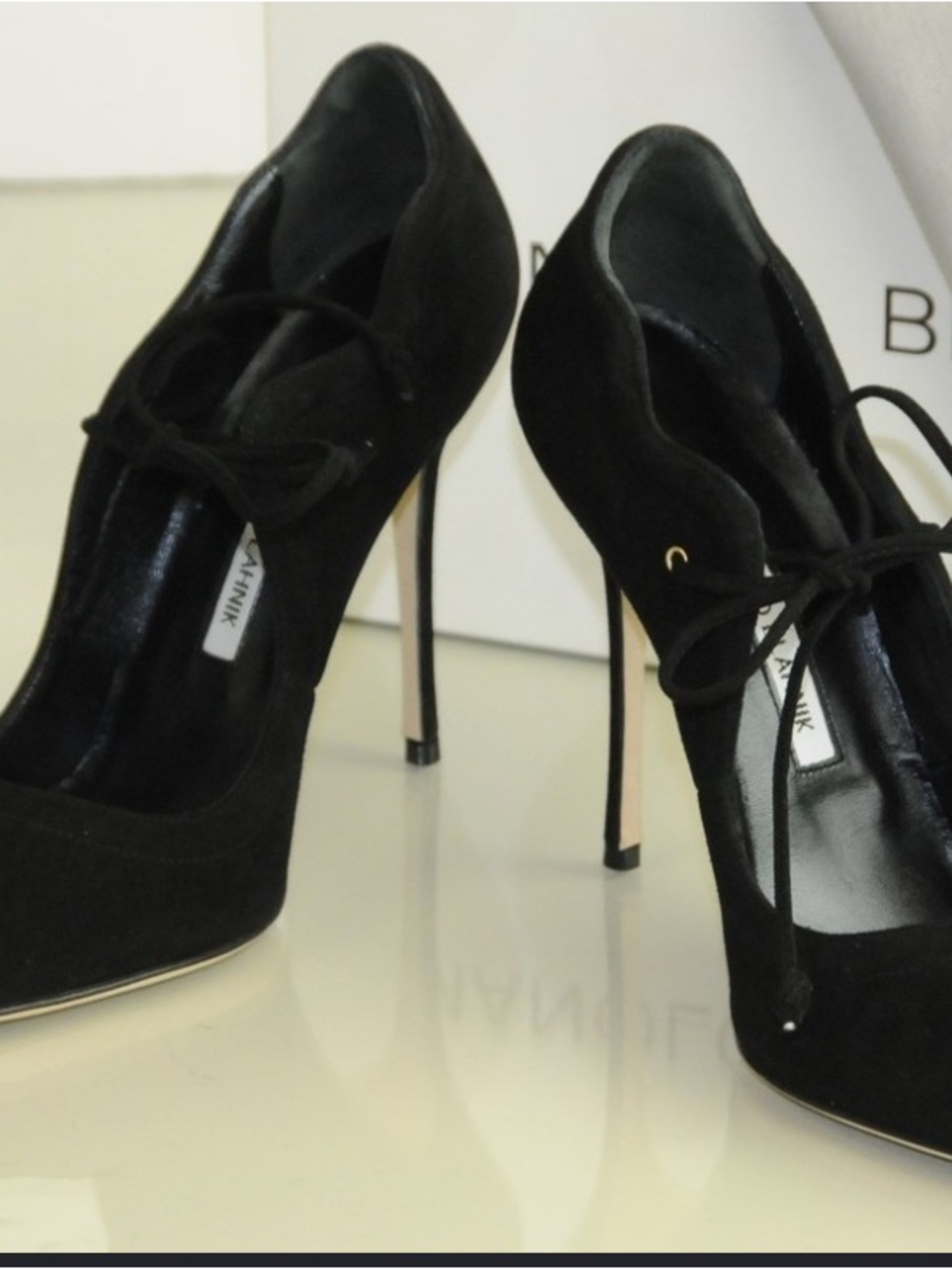 Manolo Blahnik Black Suede Pointed-Toe Lace-Up Heels